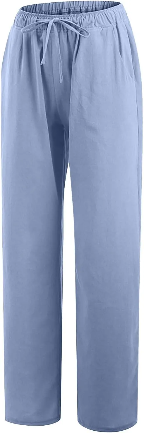 SHOPESSA Wide Leg Linen Pants for Women Soft Casual Drawstring Tie Elastic Waist Loose Pants Summer Beach Pockets Trousers