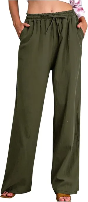 SHOPESSA Wide Leg Linen Pants for Women Soft Casual Drawstring Tie Elastic Waist Loose Pants Summer Beach Pockets Trousers