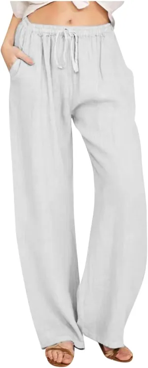 SHOPESSA Wide Leg Linen Pants for Women Soft Casual Drawstring Tie Elastic Waist Loose Pants Summer Beach Pockets Trousers