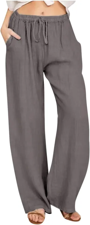SHOPESSA Wide Leg Linen Pants for Women Soft Casual Drawstring Tie Elastic Waist Loose Pants Summer Beach Pockets Trousers