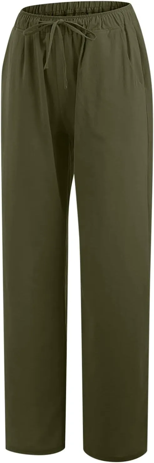 SHOPESSA Wide Leg Linen Pants for Women Soft Casual Drawstring Tie Elastic Waist Loose Pants Summer Beach Pockets Trousers