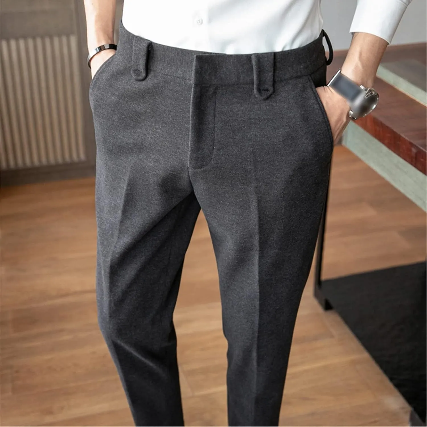Soluo Men's Business Suit Pants Retro Wool Slim Fit Tweed Dress Pants Vintage Stretch Chino Flat Front Trousers