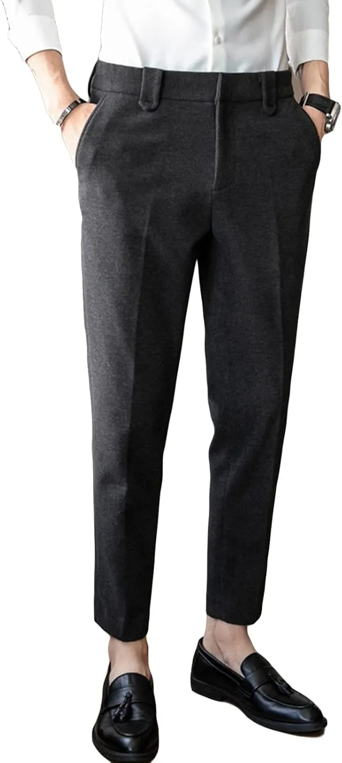 Soluo Men's Business Suit Pants Retro Wool Slim Fit Tweed Dress Pants Vintage Stretch Chino Flat Front Trousers