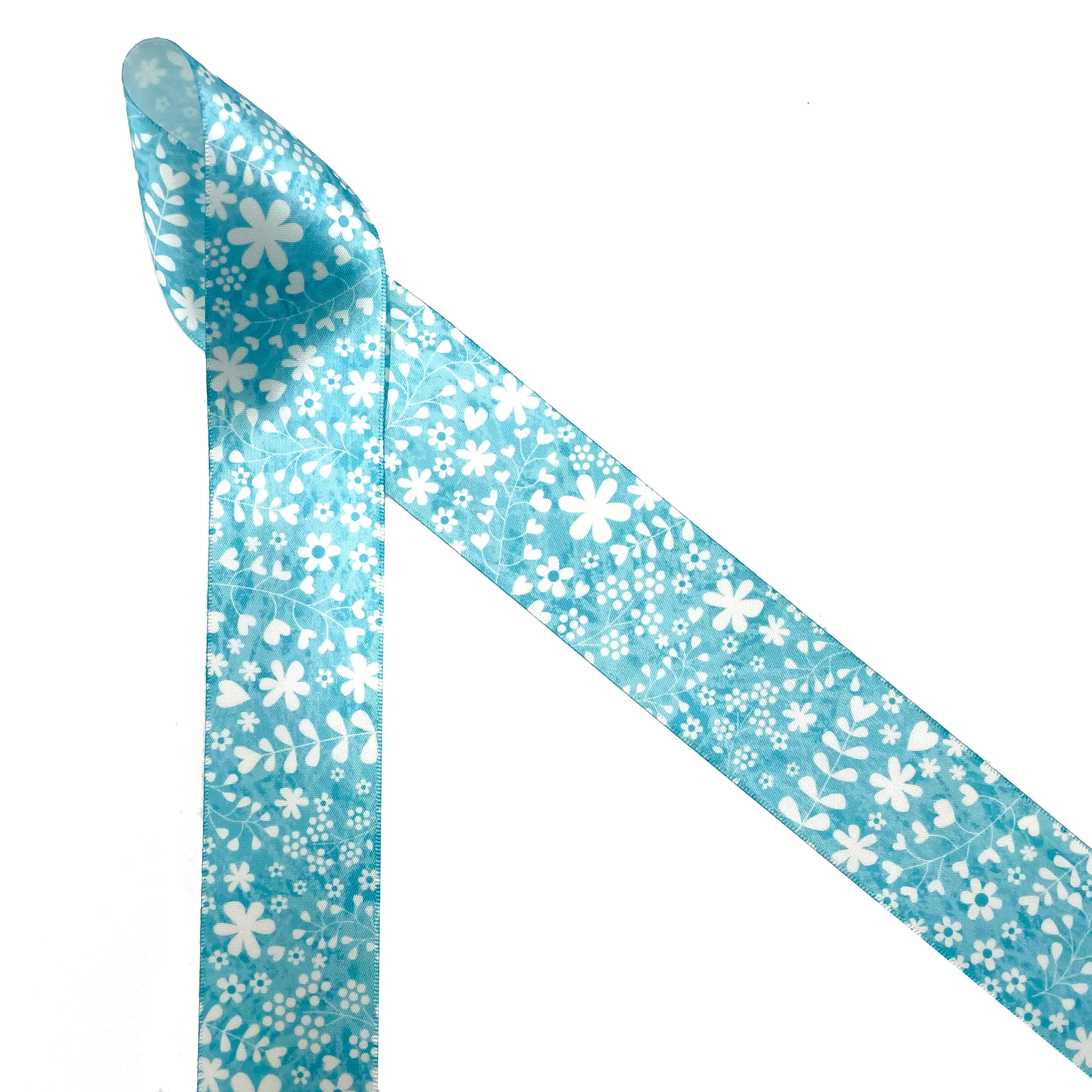 Spring floral print in white stencil on a lavender background printed on 1.5" white satin