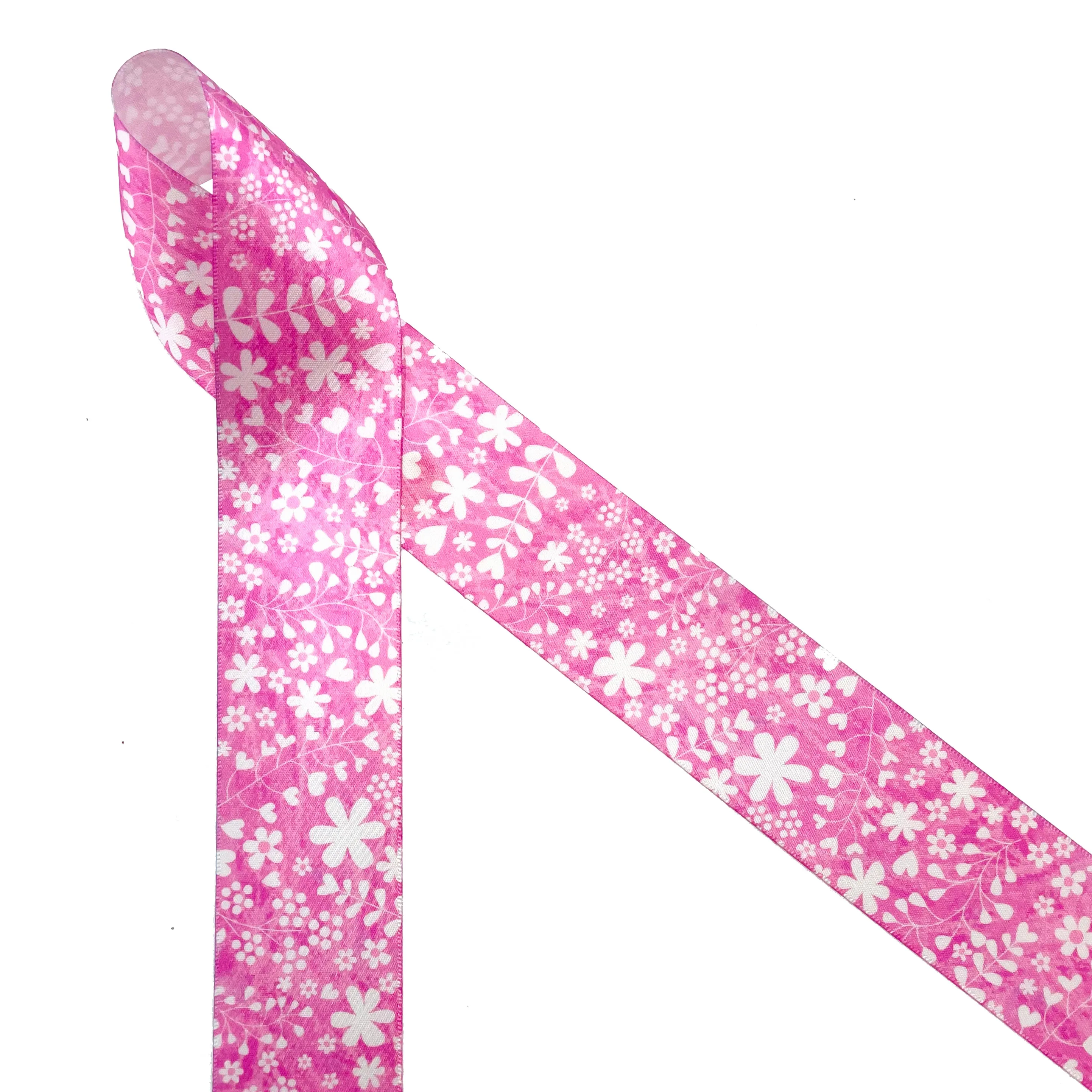 Spring floral print in white stencil on a lavender background printed on 1.5" white satin