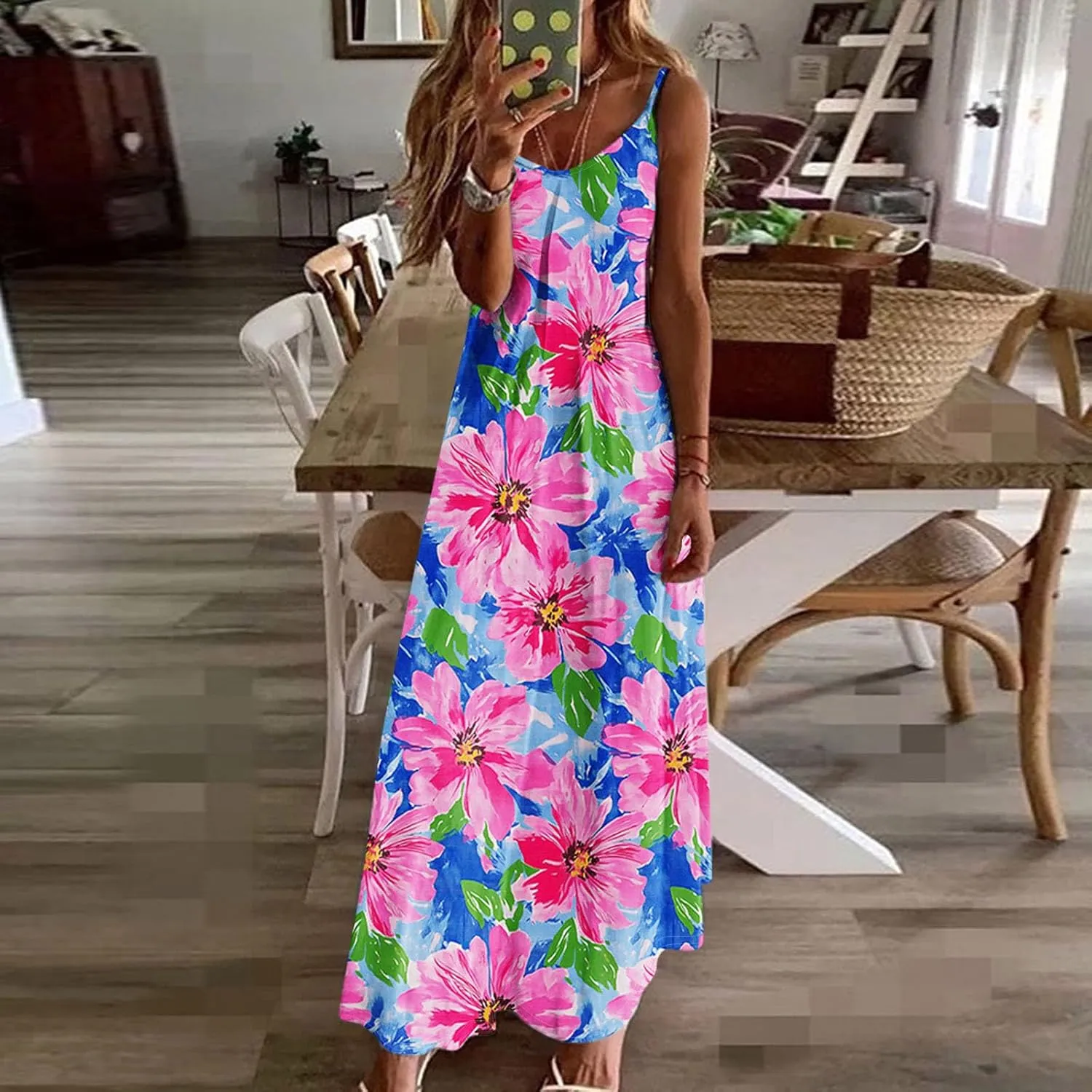 Spring Summer Beach Dress for Women 2025 Fashion Floral Printed Sleeveless Pleated Maxi Vacation Dresses