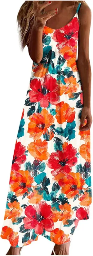 Spring Summer Beach Dress for Women 2025 Fashion Floral Printed Sleeveless Pleated Maxi Vacation Dresses