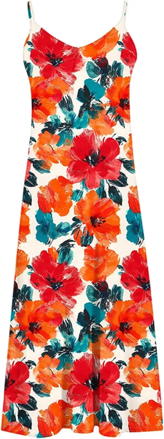 Spring Summer Beach Dress for Women 2025 Fashion Floral Printed Sleeveless Pleated Maxi Vacation Dresses