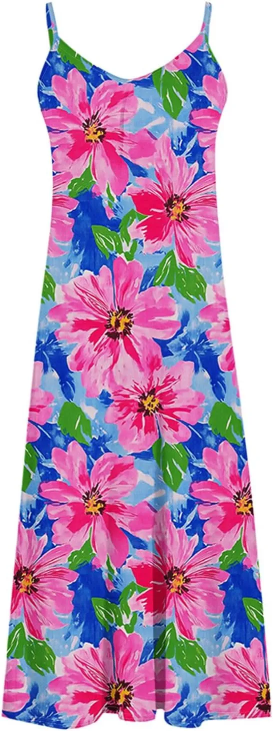 Spring Summer Beach Dress for Women 2025 Fashion Floral Printed Sleeveless Pleated Maxi Vacation Dresses