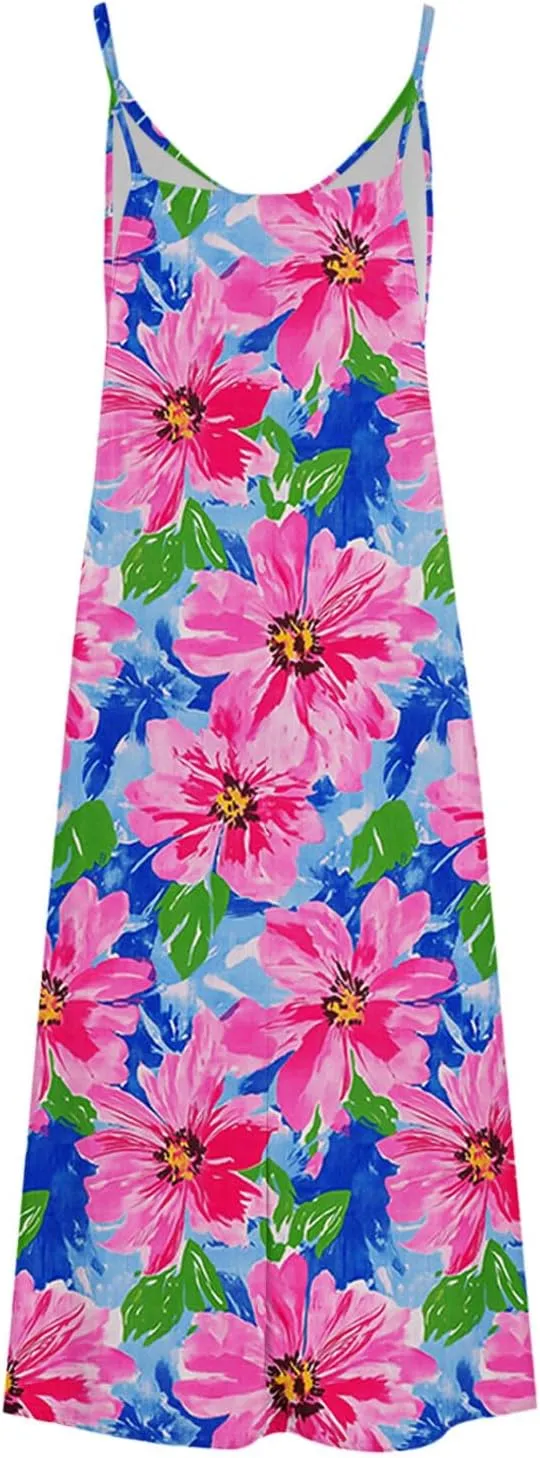 Spring Summer Beach Dress for Women 2025 Fashion Floral Printed Sleeveless Pleated Maxi Vacation Dresses