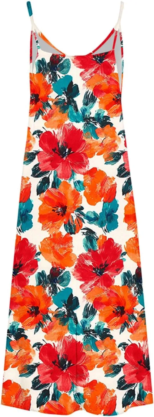 Spring Summer Beach Dress for Women 2025 Fashion Floral Printed Sleeveless Pleated Maxi Vacation Dresses