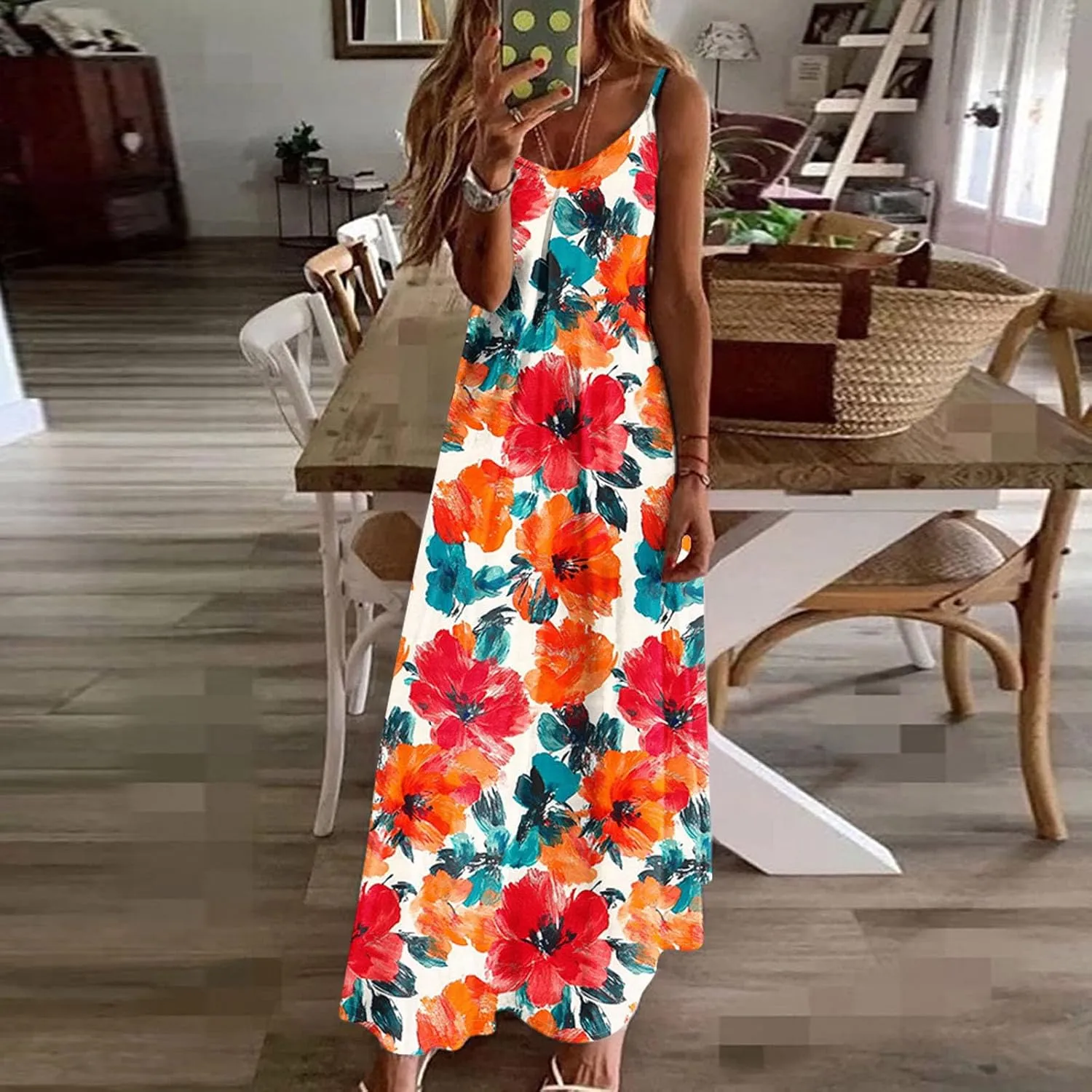 Spring Summer Beach Dress for Women 2025 Fashion Floral Printed Sleeveless Pleated Maxi Vacation Dresses