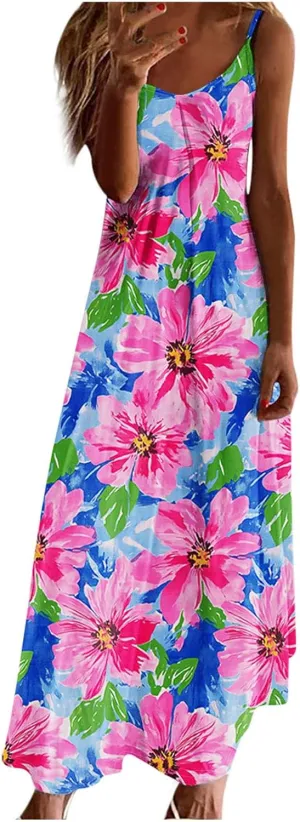 Spring Summer Beach Dress for Women 2025 Fashion Floral Printed Sleeveless Pleated Maxi Vacation Dresses