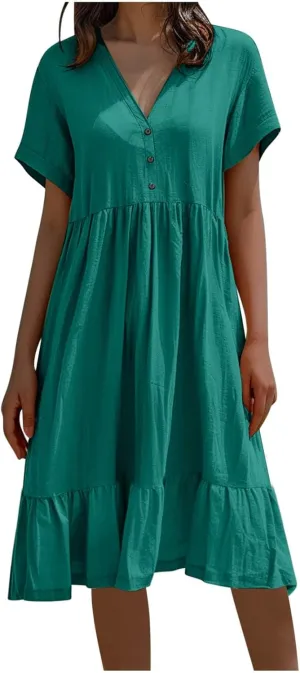 Spring Summer Beachwear Dresses for Women Fashion 2025 Comfy Soft Solid Color Short Sleeve V-Neck Vacation Dress