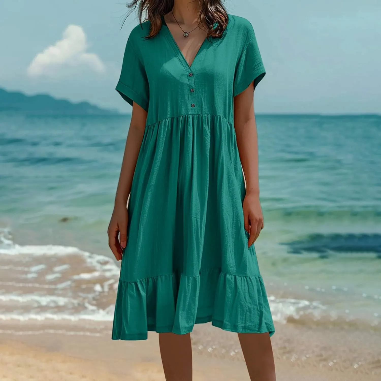Spring Summer Beachwear Dresses for Women Fashion 2025 Comfy Soft Solid Color Short Sleeve V-Neck Vacation Dress