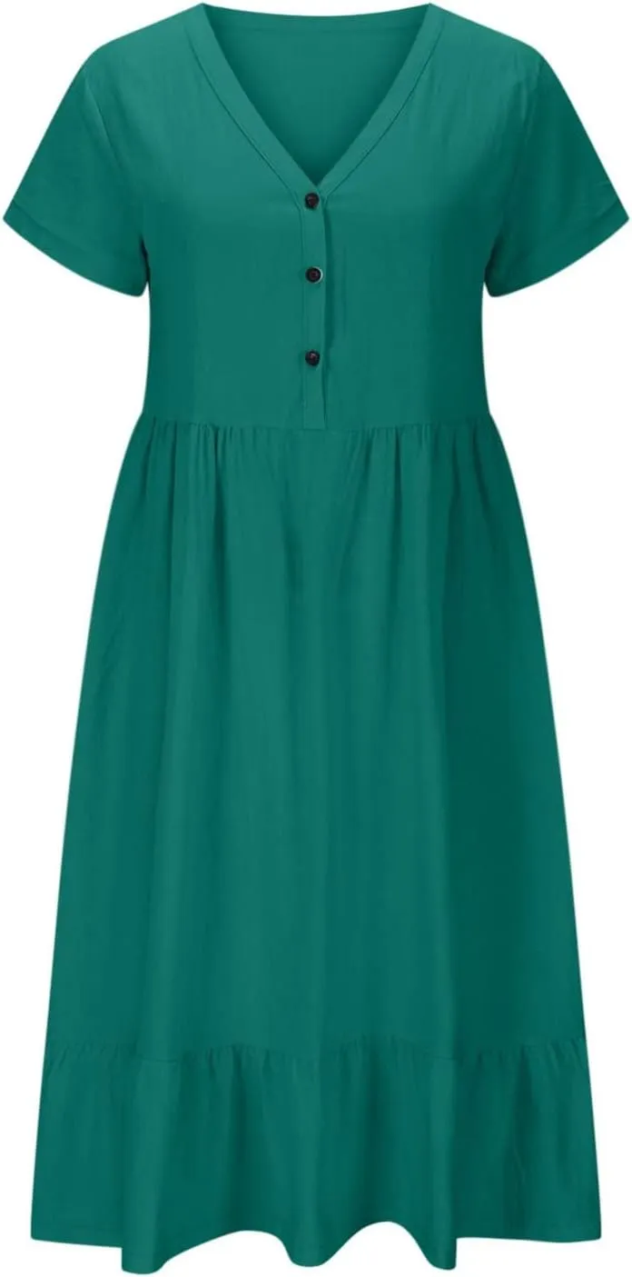 Spring Summer Beachwear Dresses for Women Fashion 2025 Comfy Soft Solid Color Short Sleeve V-Neck Vacation Dress