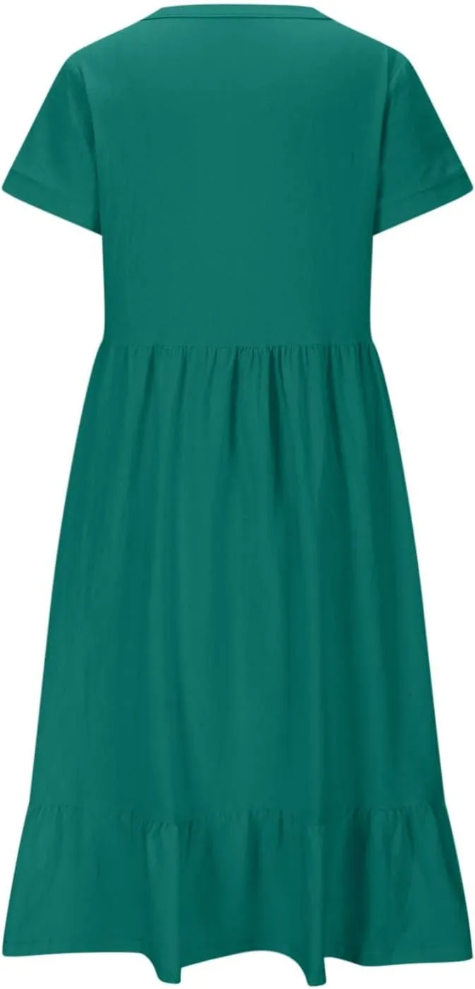 Spring Summer Beachwear Dresses for Women Fashion 2025 Comfy Soft Solid Color Short Sleeve V-Neck Vacation Dress