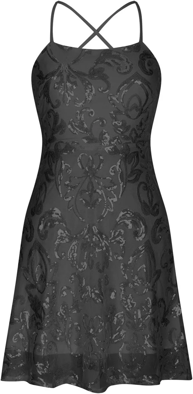 Spring Summer New Dresses for Women Sparkly Spaghetti Strap Padded Casual Dress Slim Pleated Mini Dress