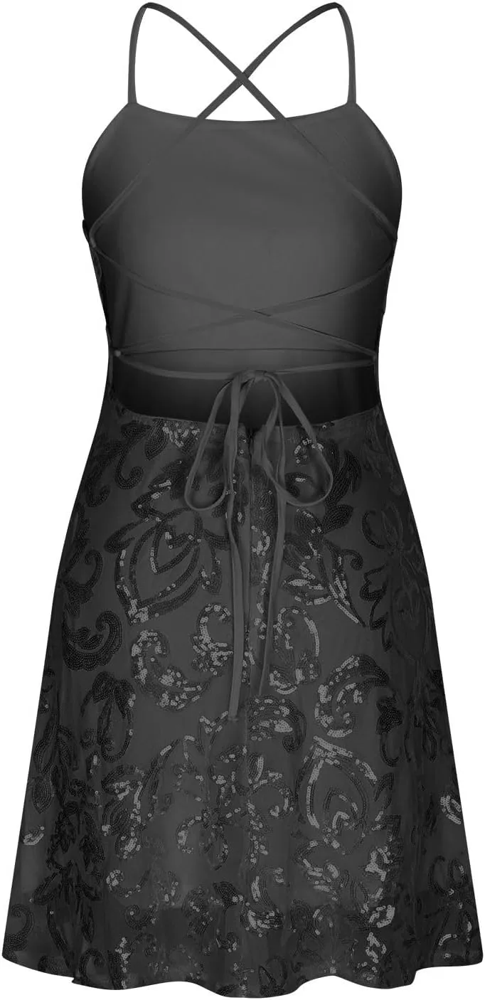 Spring Summer New Dresses for Women Sparkly Spaghetti Strap Padded Casual Dress Slim Pleated Mini Dress