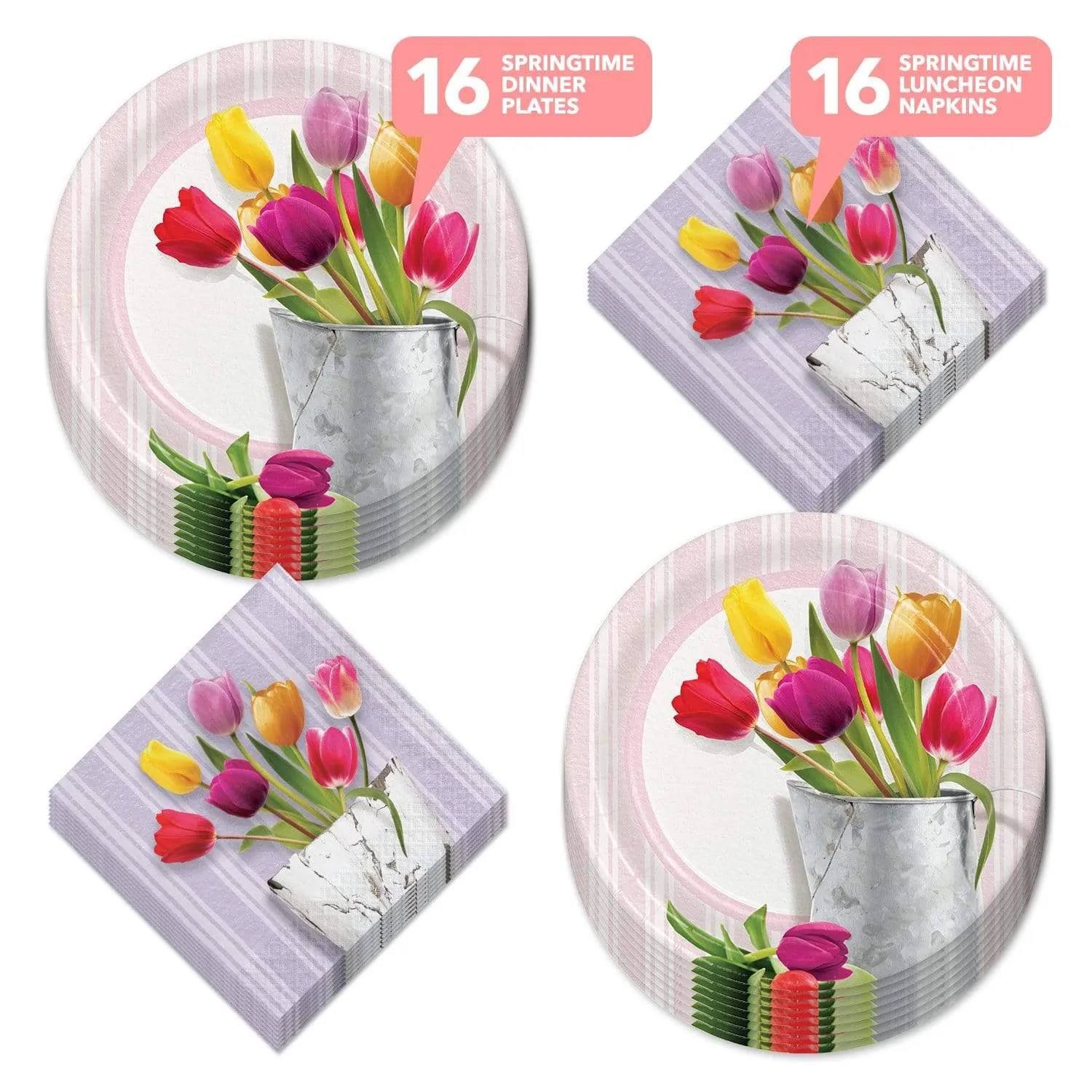 Spring Tulips Watering Can Paper Dinner Plates and Luncheon Napkins (Serves 16)