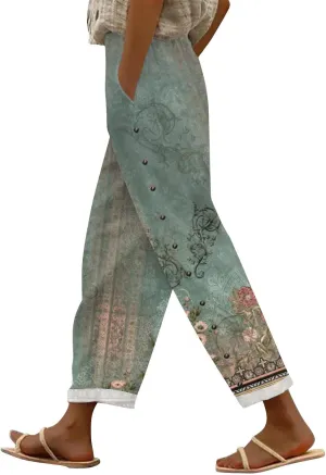 Striped Linen Pants for Women Elastic Waist Capris Petite Beachwear Lightweight Summer Beach Trousers with Pockets