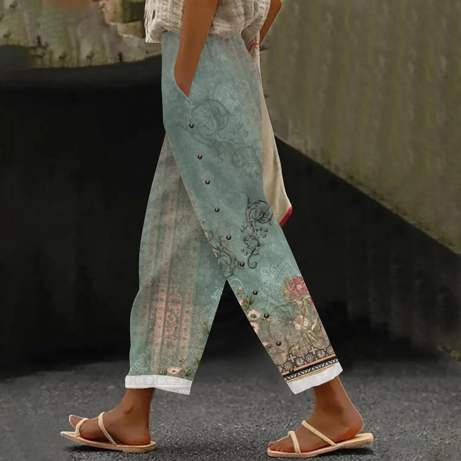 Striped Linen Pants for Women Elastic Waist Capris Petite Beachwear Lightweight Summer Beach Trousers with Pockets