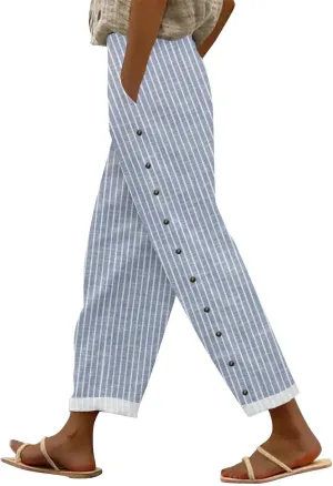 Striped Linen Pants for Women Elastic Waist Capris Petite Beachwear Lightweight Summer Beach Trousers with Pockets
