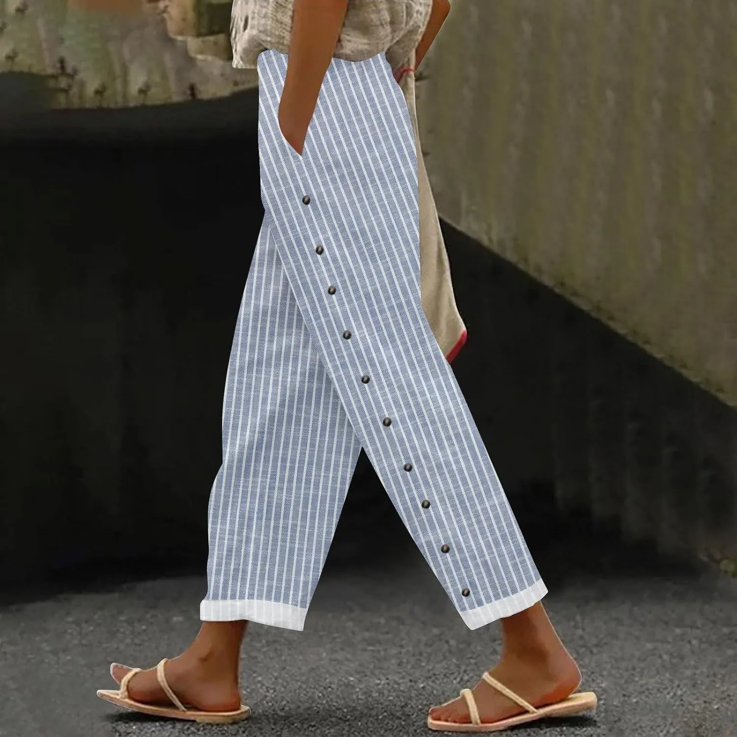 Striped Linen Pants for Women Elastic Waist Capris Petite Beachwear Lightweight Summer Beach Trousers with Pockets