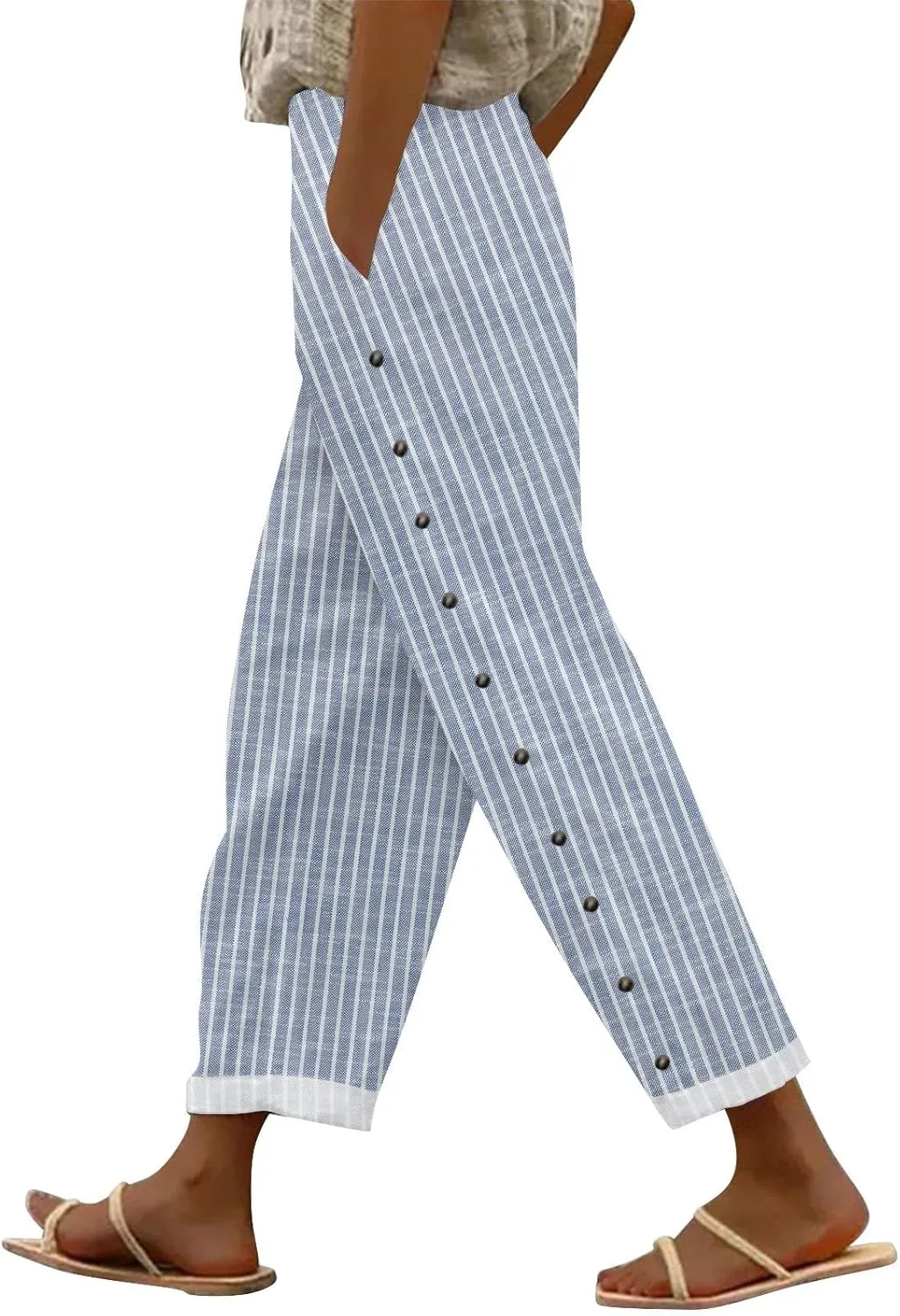 Striped Linen Pants for Women Elastic Waist Capris Petite Beachwear Lightweight Summer Beach Trousers with Pockets