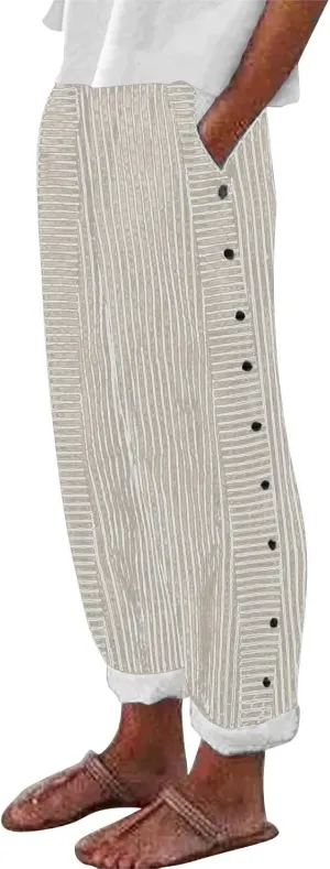 Striped Linen Pants Womens Cropped Side Bottom Trim Elastic Waist Capris Lightweight Summer Beach Trousers with Pocket