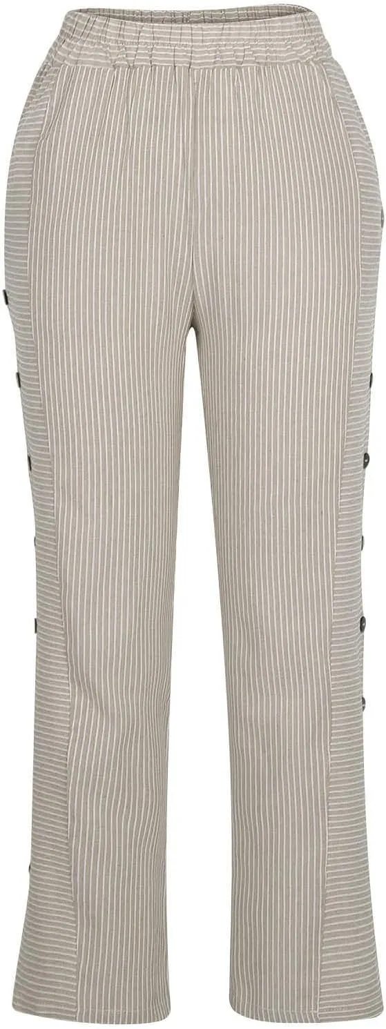 Striped Linen Pants Womens Cropped Side Bottom Trim Elastic Waist Capris Lightweight Summer Beach Trousers with Pocket