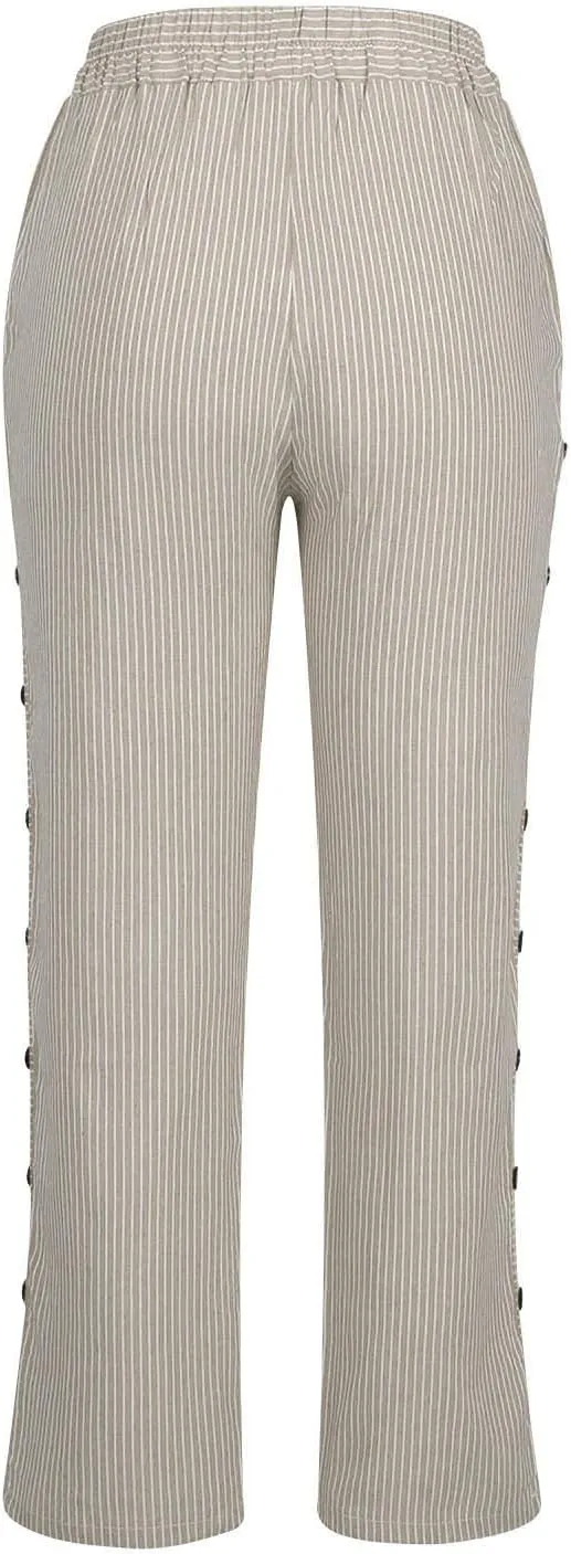 Striped Linen Pants Womens Cropped Side Bottom Trim Elastic Waist Capris Lightweight Summer Beach Trousers with Pocket