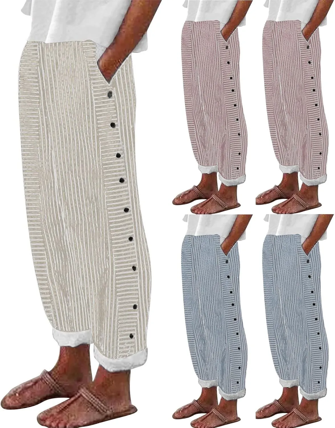Striped Linen Pants Womens Cropped Side Bottom Trim Elastic Waist Capris Lightweight Summer Beach Trousers with Pocket