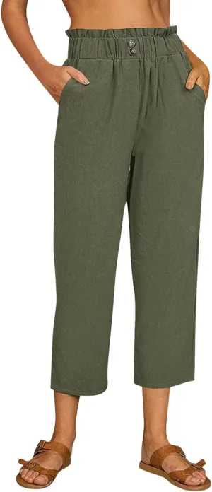 Summer Cotton Linen Pants for Women Solid Color Straight Trousers Wide Leg Elastic Waist Casual Slim Fitting
