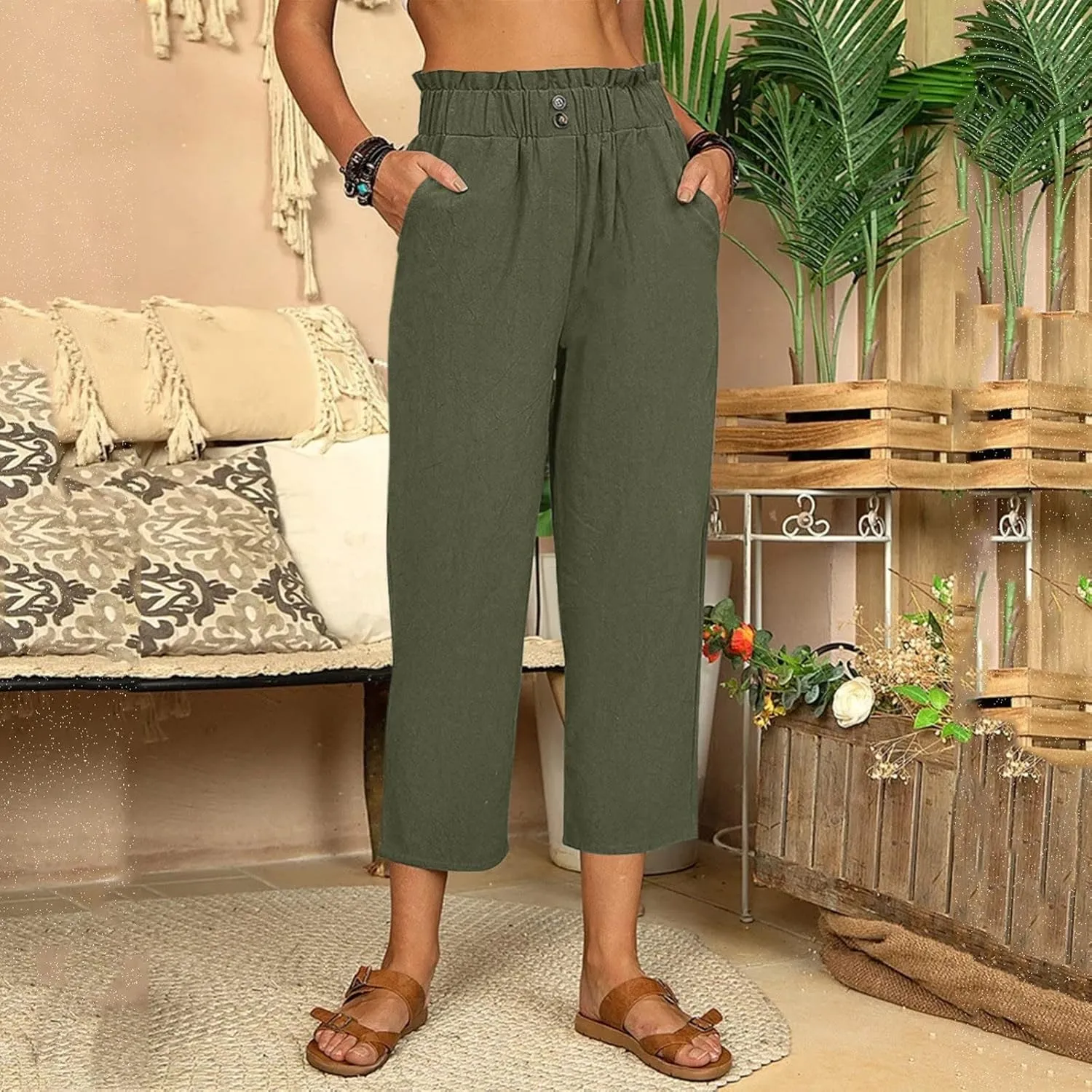Summer Cotton Linen Pants for Women Solid Color Straight Trousers Wide Leg Elastic Waist Casual Slim Fitting