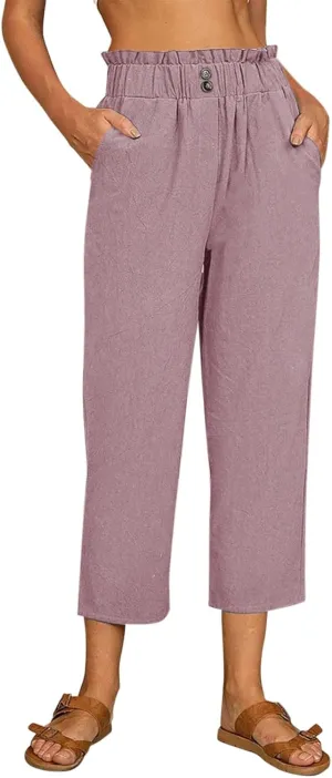 Summer Cotton Linen Pants for Women Solid Color Straight Trousers Wide Leg Elastic Waist Casual Slim Fitting