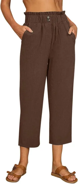 Summer Cotton Linen Pants for Women Solid Color Straight Trousers Wide Leg Elastic Waist Casual Slim Fitting