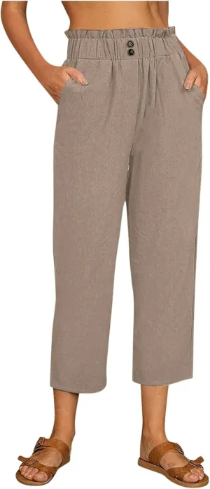 Summer Cotton Linen Pants for Women Solid Color Straight Trousers Wide Leg Elastic Waist Casual Slim Fitting