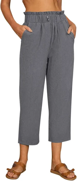 Summer Cotton Linen Pants for Women Solid Color Straight Trousers Wide Leg Elastic Waist Casual Slim Fitting