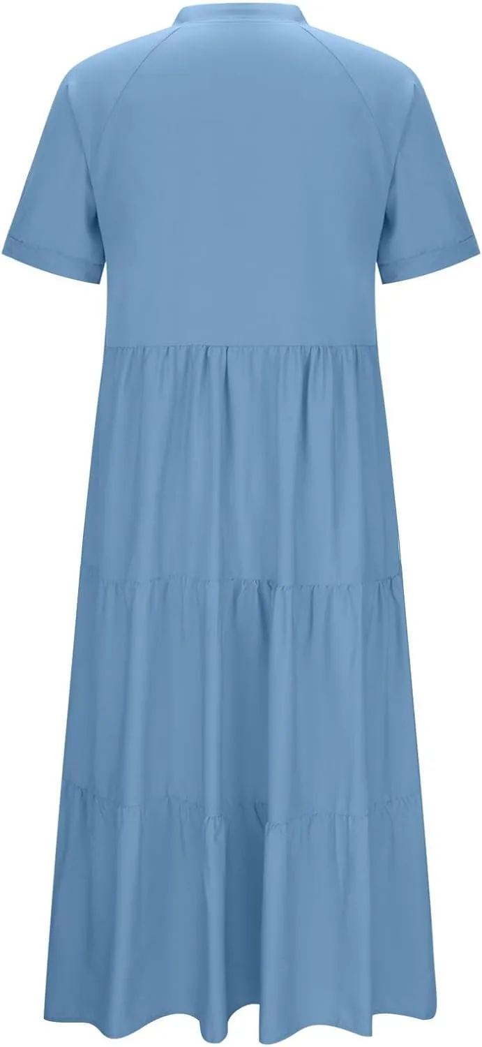 Summer Dresses for Women Trendy 2025 Solid Color V-Neck Casual Dress Pleated Swing Loose Vacation Sundresses
