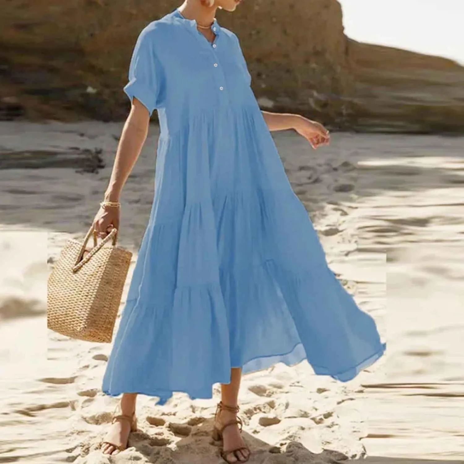 Summer Dresses for Women Trendy 2025 Solid Color V-Neck Casual Dress Pleated Swing Loose Vacation Sundresses