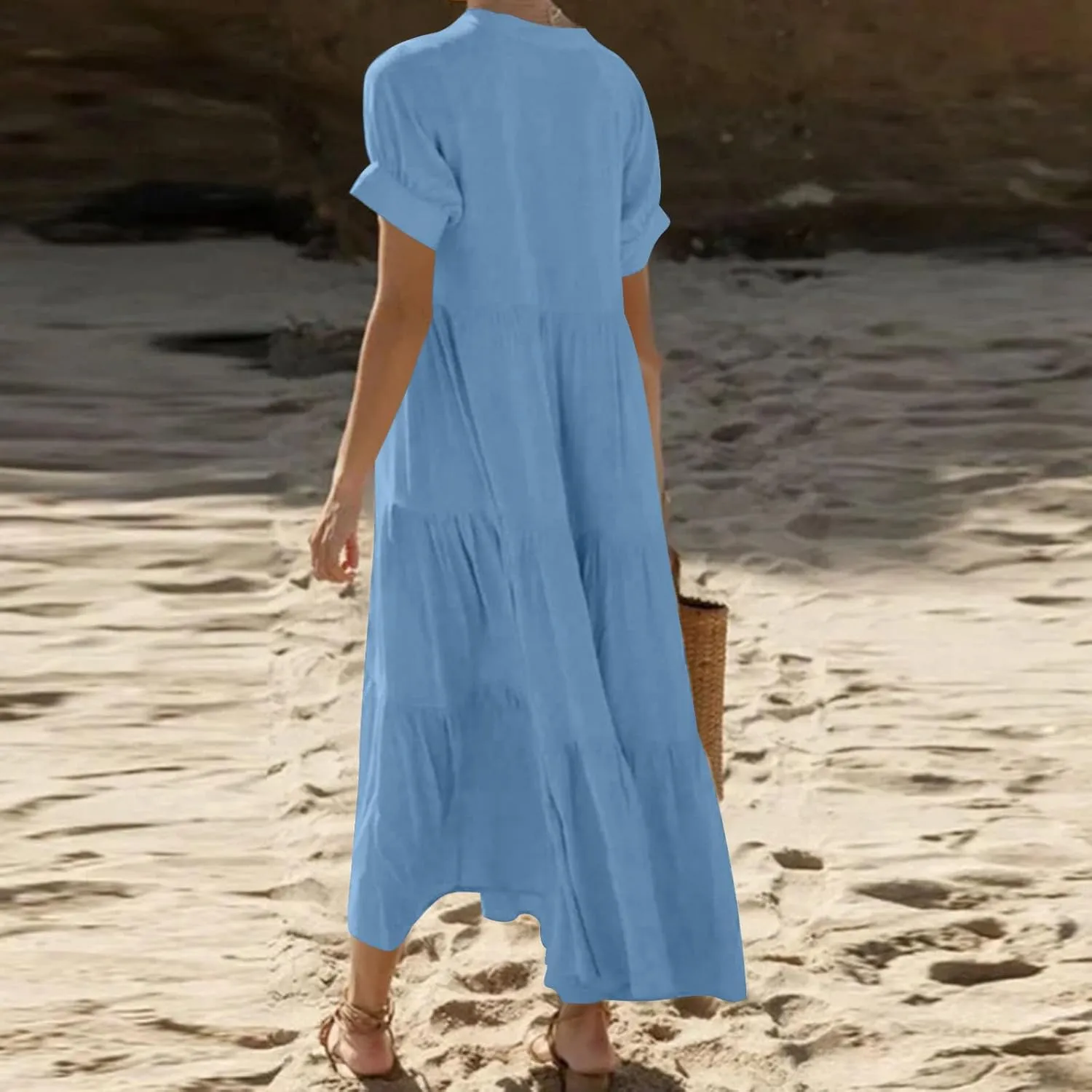 Summer Dresses for Women Trendy 2025 Solid Color V-Neck Casual Dress Pleated Swing Loose Vacation Sundresses