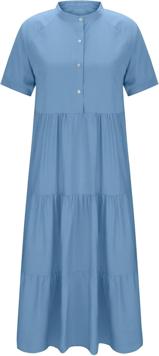 Summer Dresses for Women Trendy 2025 Solid Color V-Neck Casual Dress Pleated Swing Loose Vacation Sundresses
