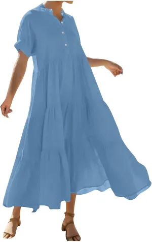 Summer Dresses for Women Trendy 2025 Solid Color V-Neck Casual Dress Pleated Swing Loose Vacation Sundresses