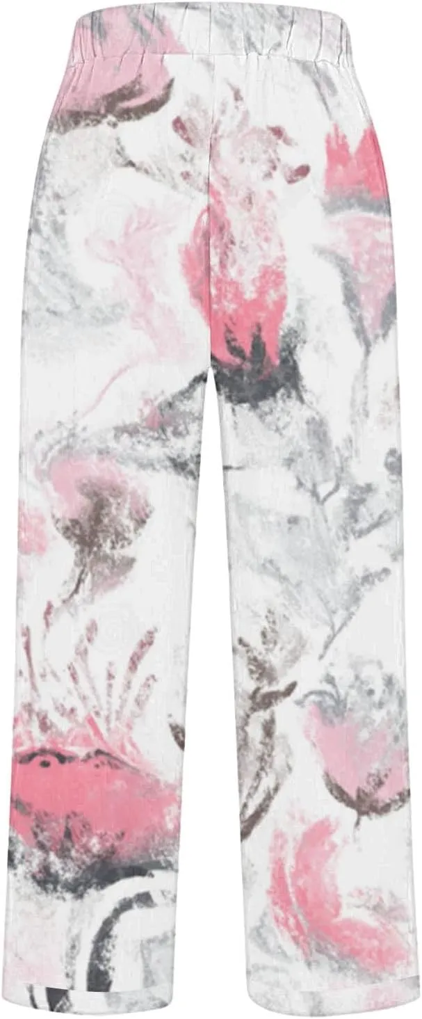 Summer Linen Pants for Women Wide Leg Boho Floral Printed Loose Palazzo Pants Elastic Waisted Drawstring with Pockets