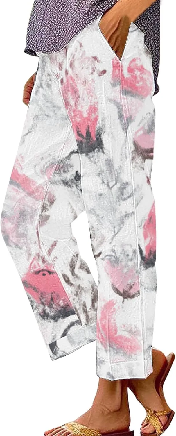 Summer Linen Pants for Women Wide Leg Boho Floral Printed Loose Palazzo Pants Elastic Waisted Drawstring with Pockets