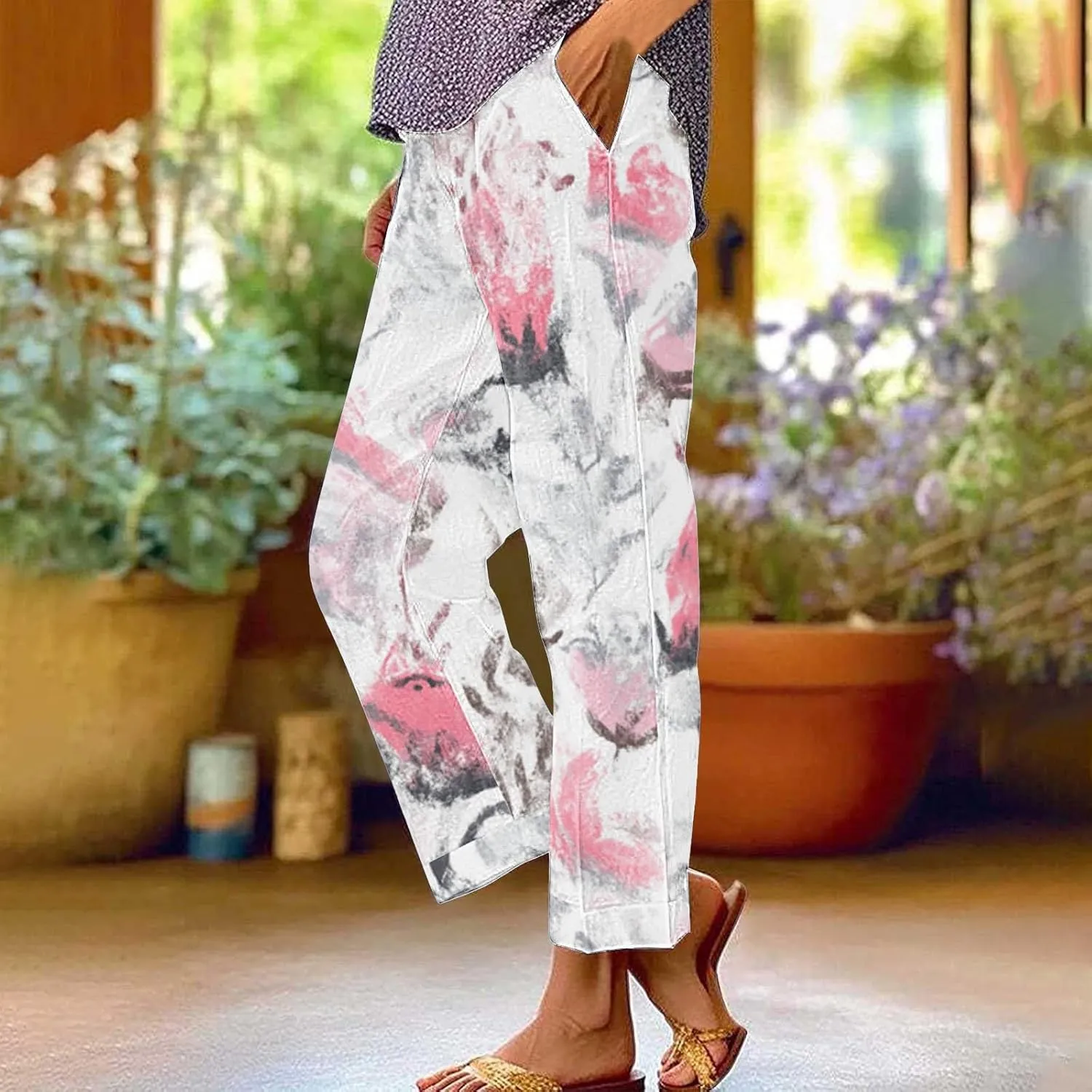 Summer Linen Pants for Women Wide Leg Boho Floral Printed Loose Palazzo Pants Elastic Waisted Drawstring with Pockets