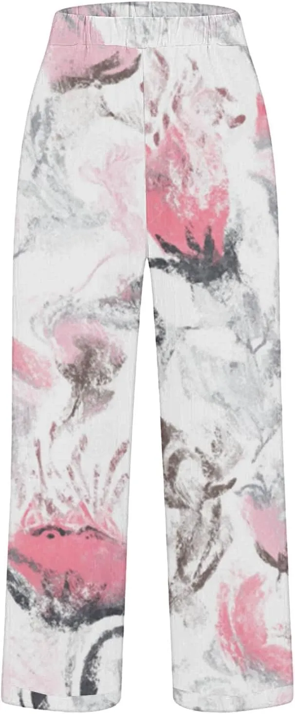 Summer Linen Pants for Women Wide Leg Boho Floral Printed Loose Palazzo Pants Elastic Waisted Drawstring with Pockets