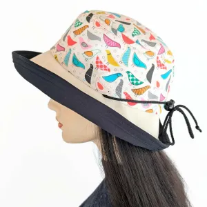 Sunblocker UV summer sun hat with wide brim, artsy birds print, adjustable fit