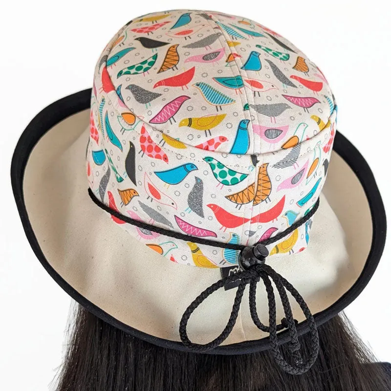 Sunblocker UV summer sun hat with wide brim, artsy birds print, adjustable fit